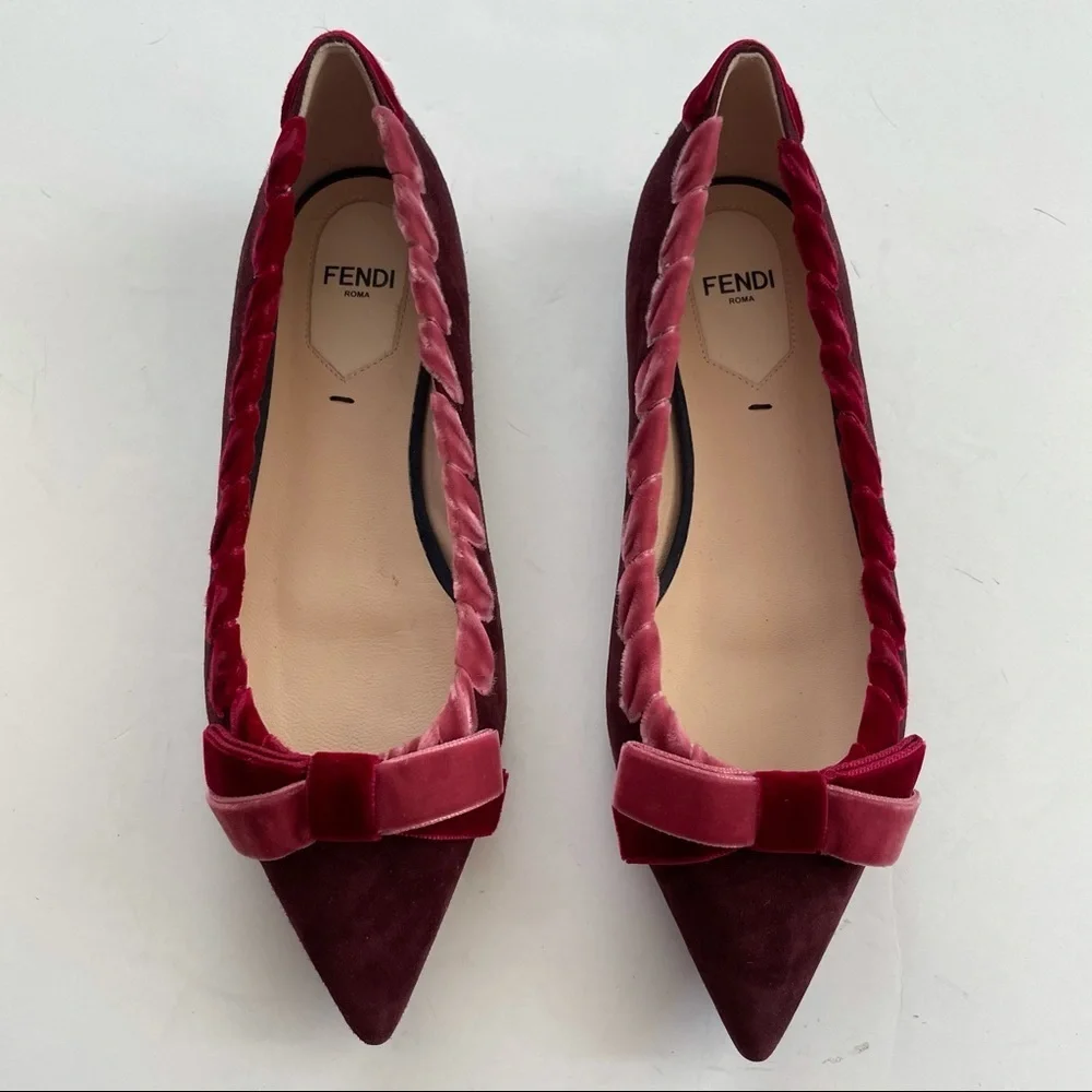 FENDI Velvet-trimmed suede point toe flats 35.5 burgundy wine red ribbon laced